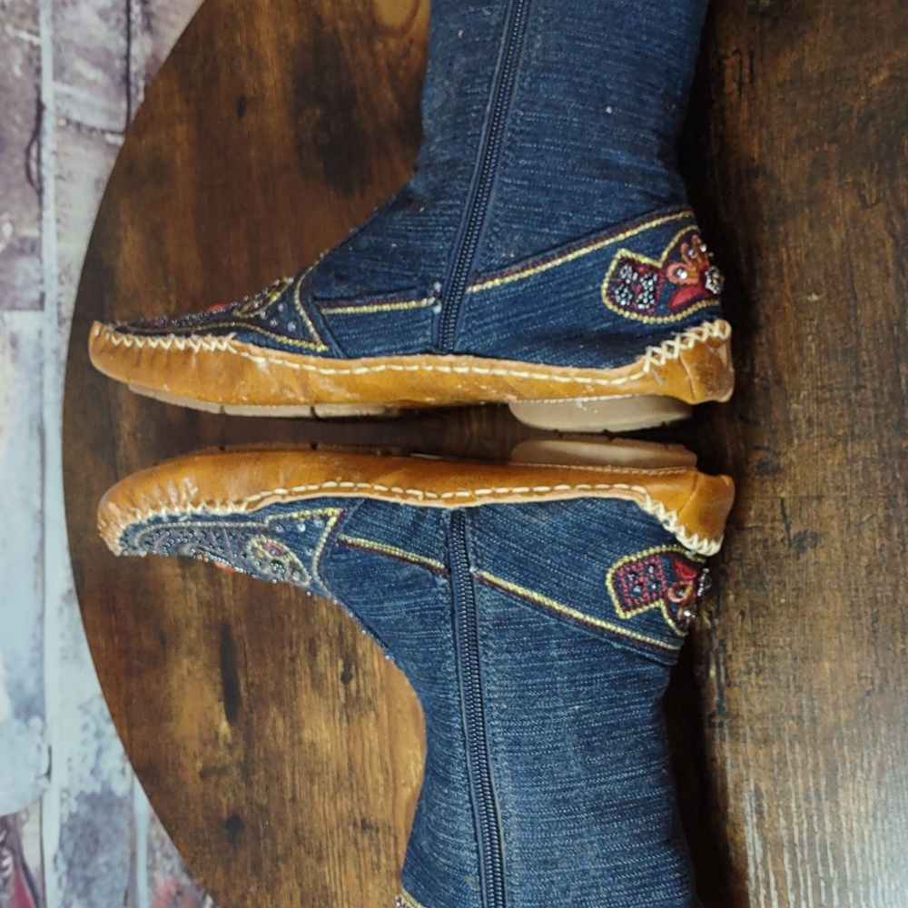 Bamboo Embellished Denim Moccasin Style Ankle Boots - Picture 7 of 16